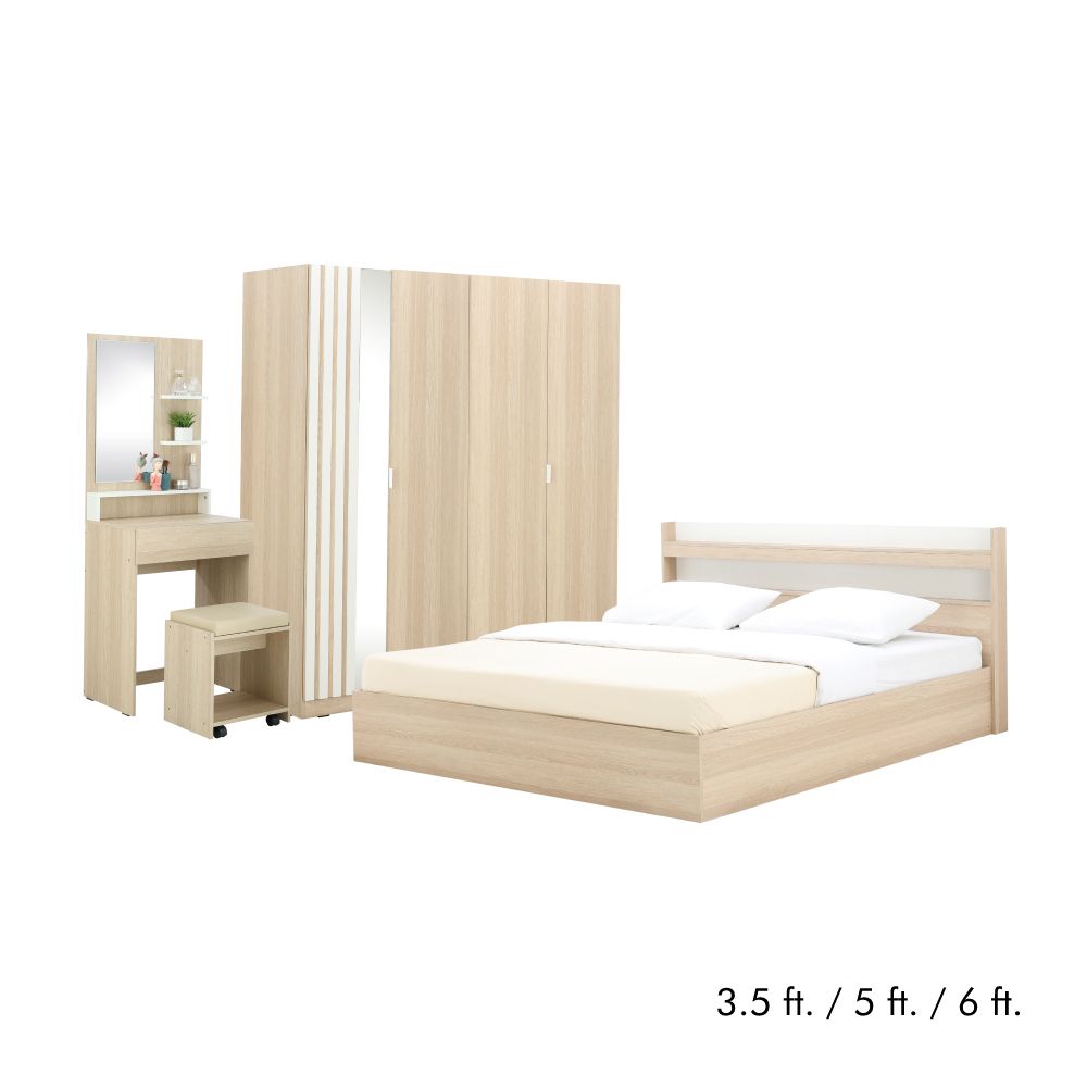 Furinbox Bedroom set Champion (Bed, Wardrobes, Wardrobes with mirror, Dressing tables) - Lightwood/White