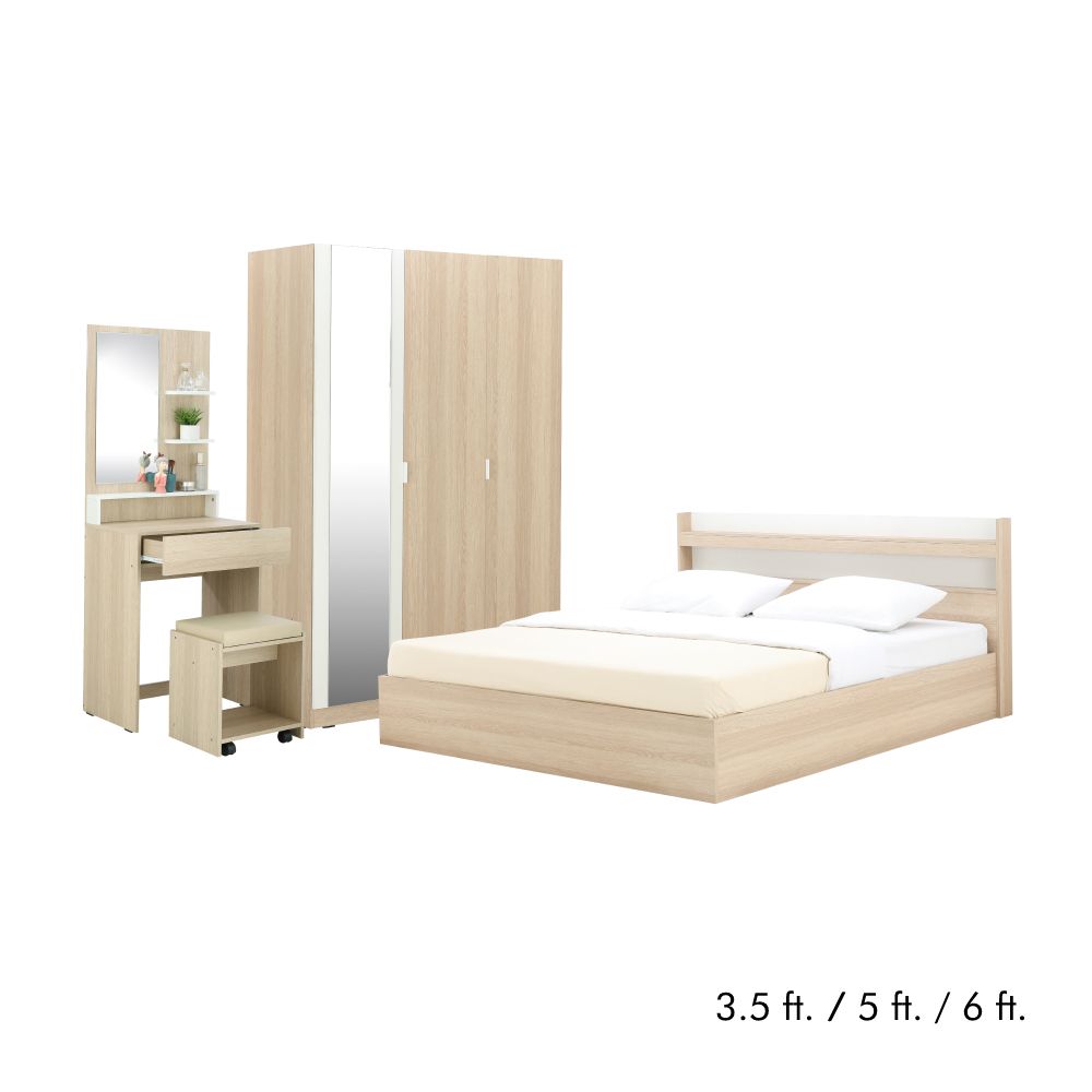Furinbox Bedroom set Champion (Bed, 3 Wardrobes with mirror, Dressing tables with stool) - Lightwood/White