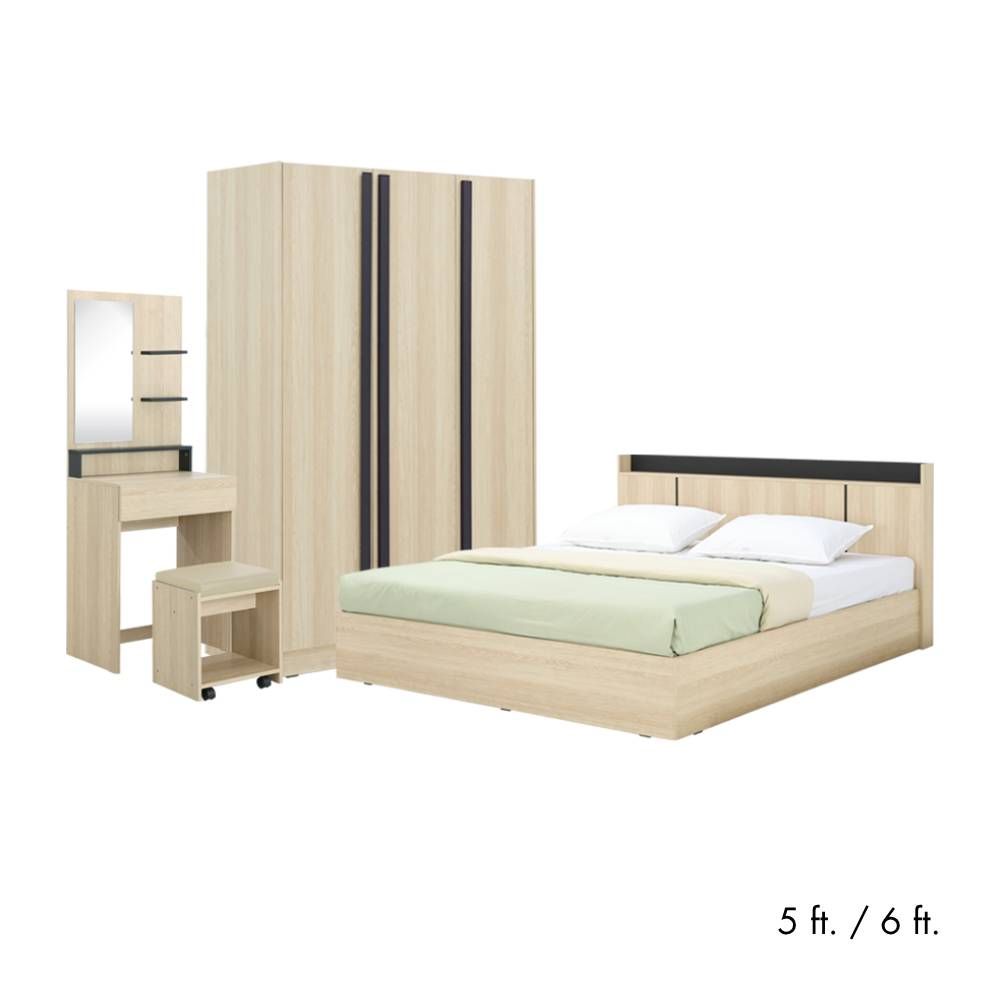 Furinbox Bedroom set Champion (Bed, Wardrobes, Dressing tables with Satun) - Light Wood/Black