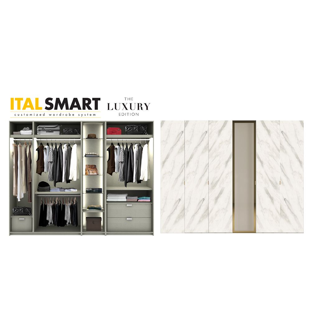 ตู้เสื้อผ้า อิตัล-สมาร์ท รุ่น 3.0 LUX10 - ลายหินอ่อนสีขาว / กระจกใสชาทอง