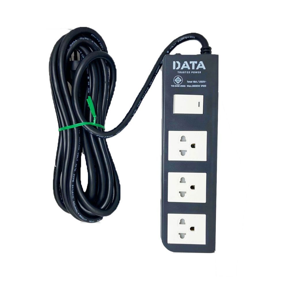 TIS power plug, 3 ports, 1 switch, Model Data, Size 3 meters - Black