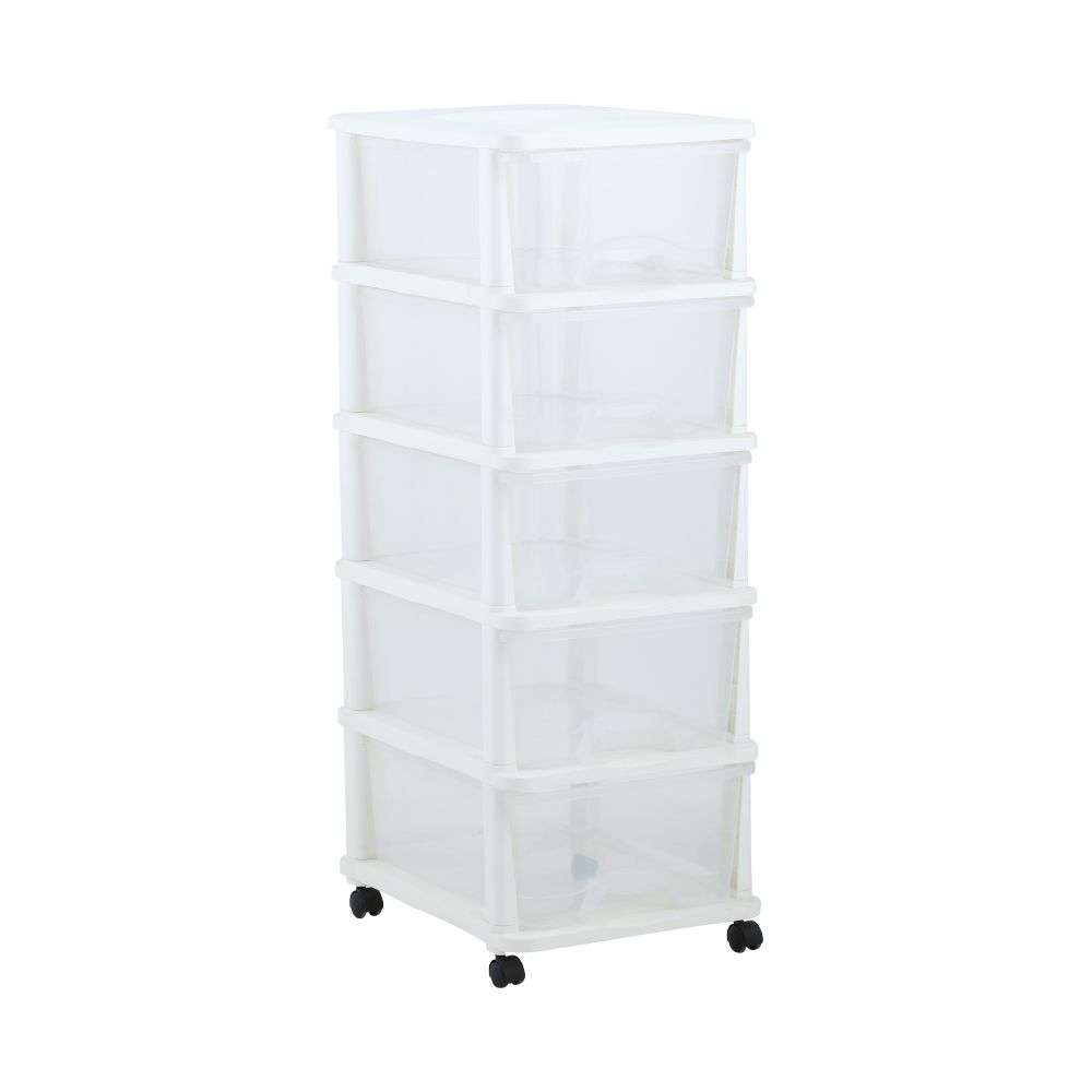 Chest of drawers 5 levels with wheels Model Enel - White/transparent