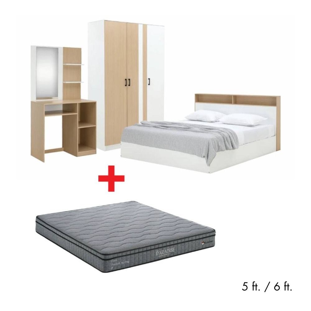 Furinbox Bedroom sets Model + (, Wardrobes 3 doors, Dressing tables, Mattresses, Pillow 2 ) - White/