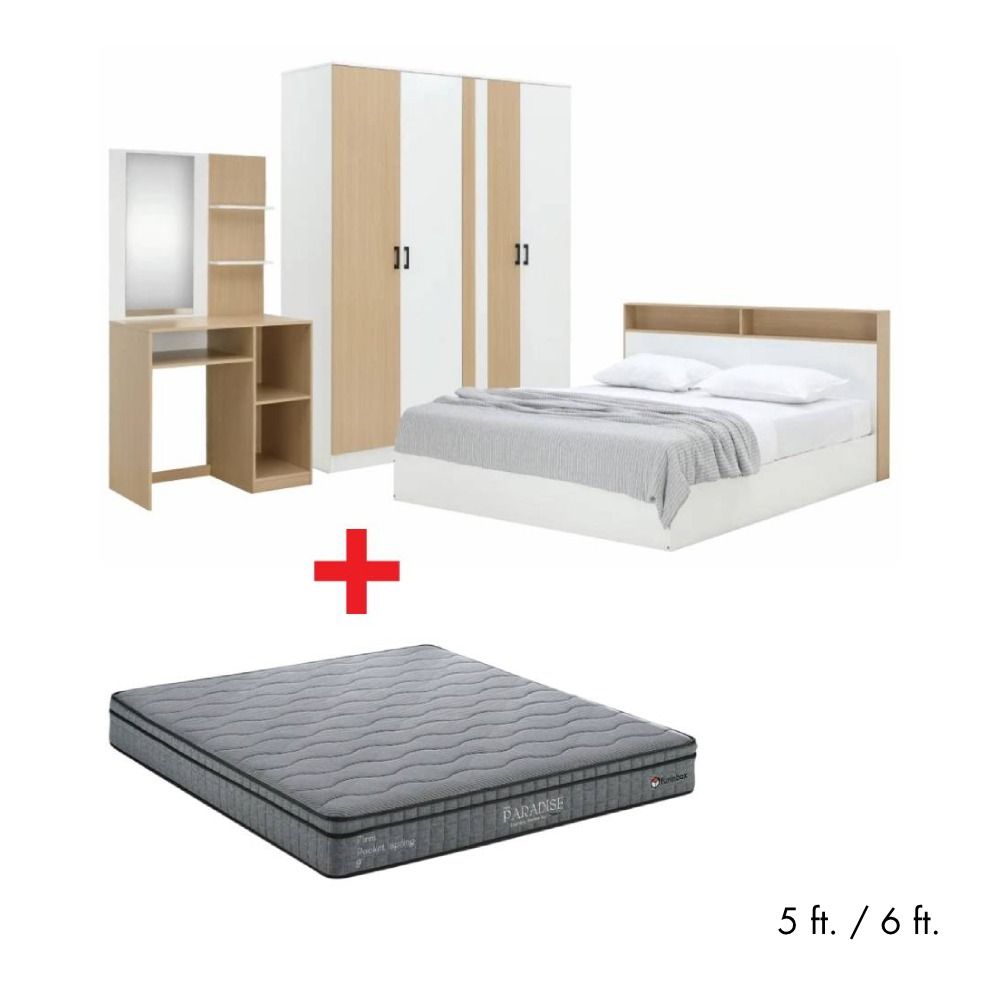 Furinbox Bedroom sets Model + (, Wardrobes 4 doors, Dressing tables, Mattresses, Pillow 2 ) - White/