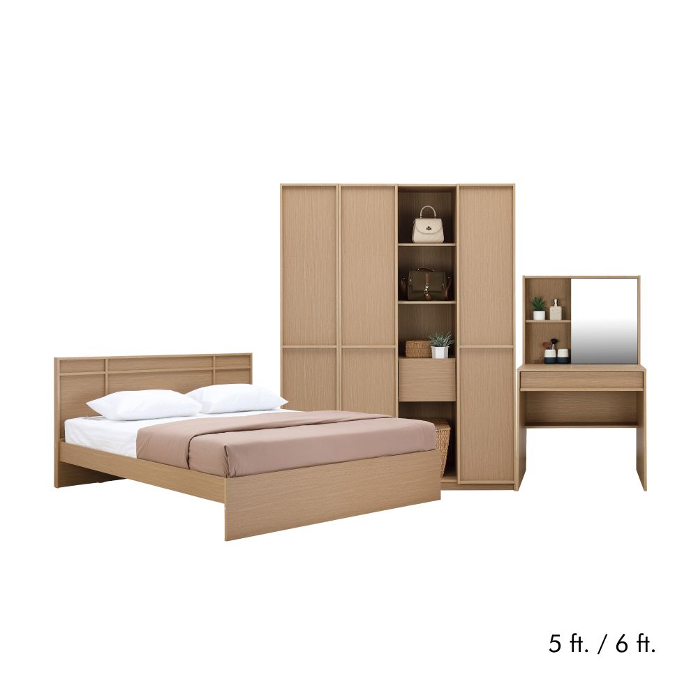 Bedroom set Fukuoka (Bed, Wardrobes, Dressing tables) - Tokyo Oak color