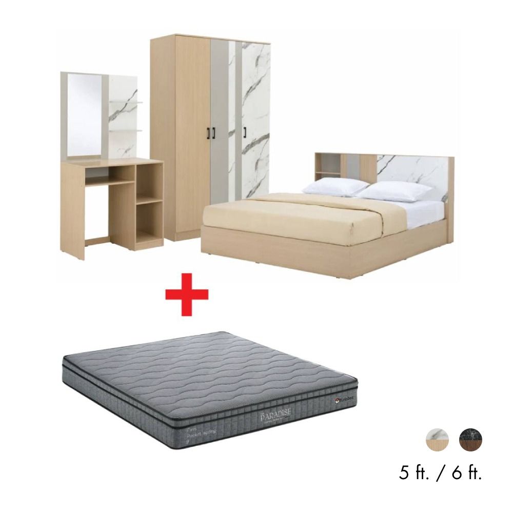 Furinbox Bedroom set Magnolia (Bed, 3 Wardrobes, Dressing tables, Mattresses, 2 Pillows)